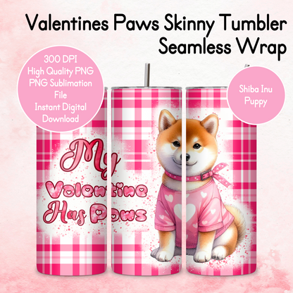 Pink Tartan Valentines Paws Tumbler Wrap - Shiba Inu