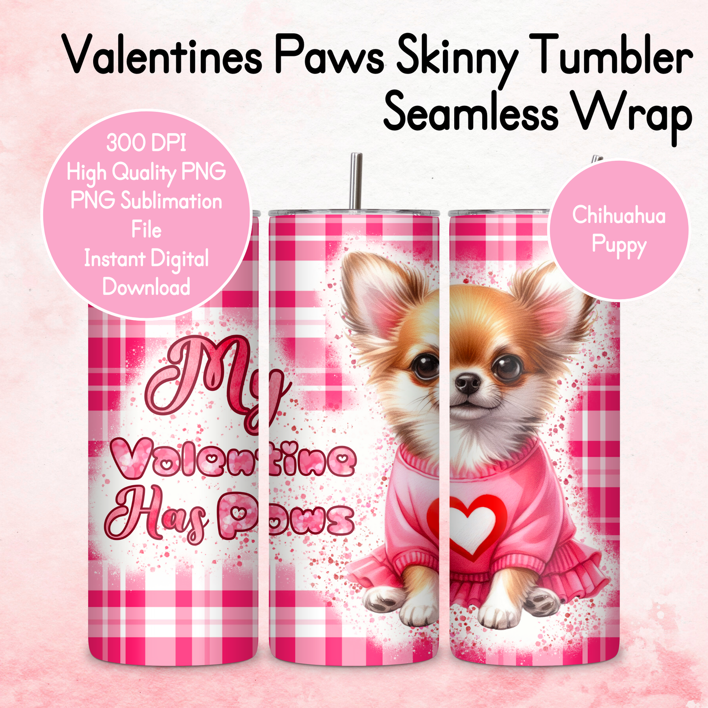 Pink Tartan Valentines Paws Tumbler Wrap - Chihuahua