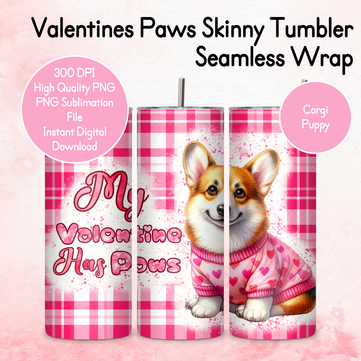 Pink Tartan Valentines Paws Tumbler Wrap - Corgi