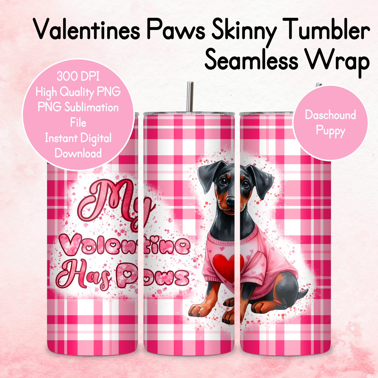 Pink Tartan Valentines Paws Tumbler Wrap - Daschound