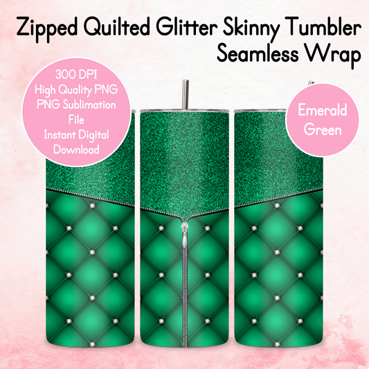 Zipped Quilted Diamante Quilted Skinny Tumbler Wrap - Emerald Green