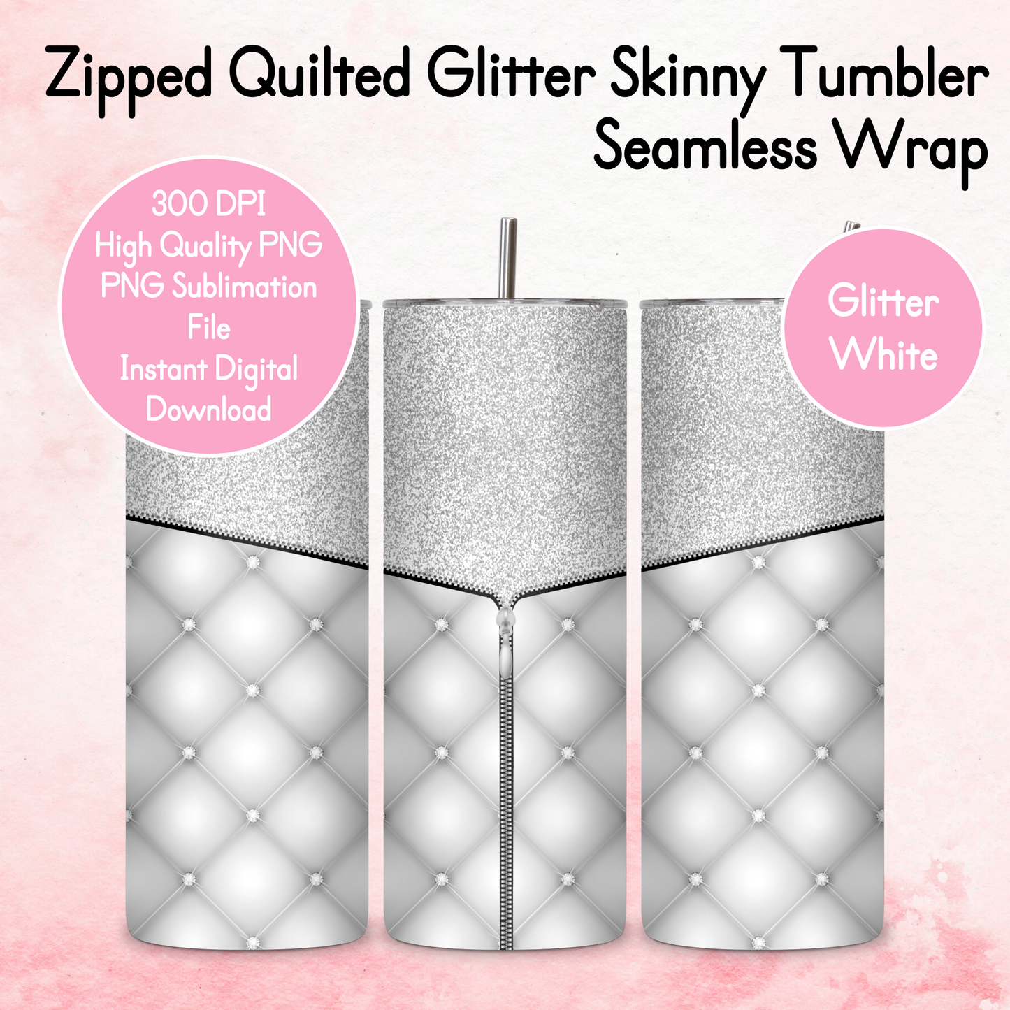 Zipped Quilted Diamante Quilted Skinny Tumbler Wrap - Glitter White