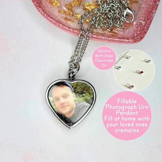 Heart Shaped Urn Pendant With Picture & Swarvoski Birth Stone Charm