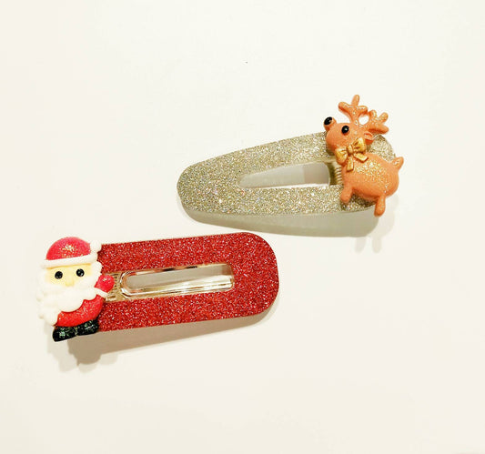 Christmas Santa & Reindeer Glitter Hair Clips