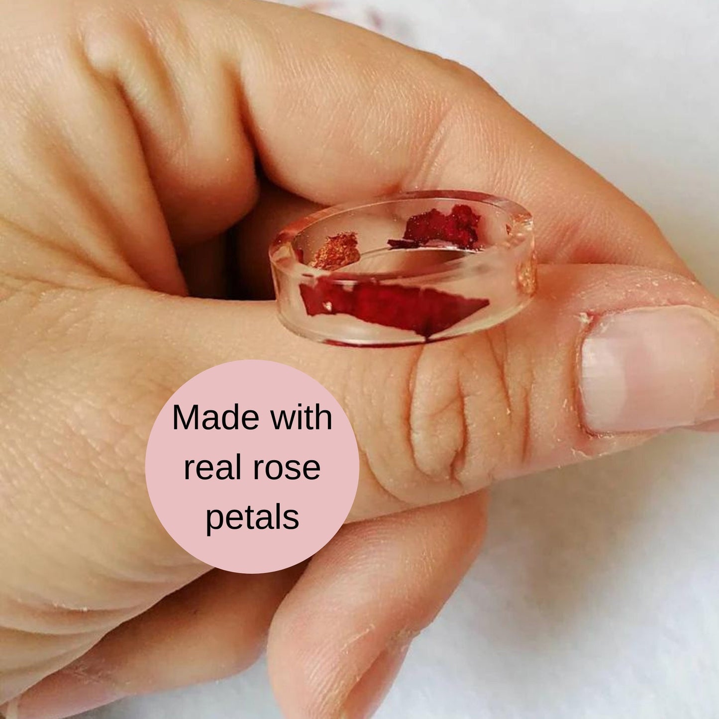 Slim Ring With Real Dried Rose Petals And Metallic Flakes