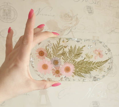 Floral Oval Tray With Metallic Flakes