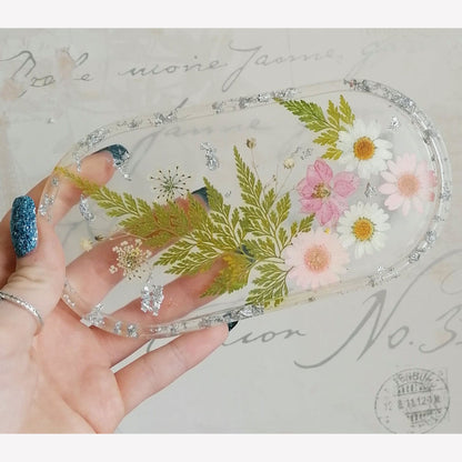 Floral Oval Tray With Metallic Flakes