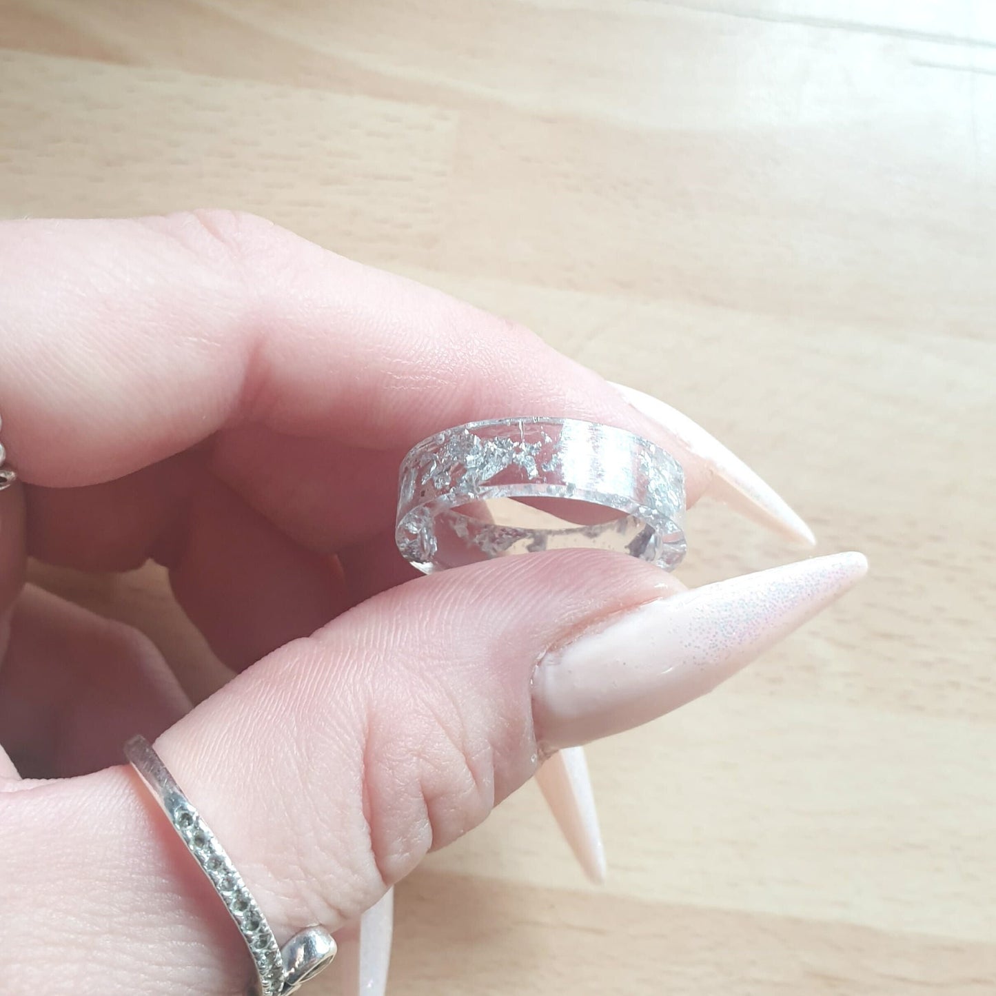 Clear Acrylic Ring with Metallic Silver Flakes