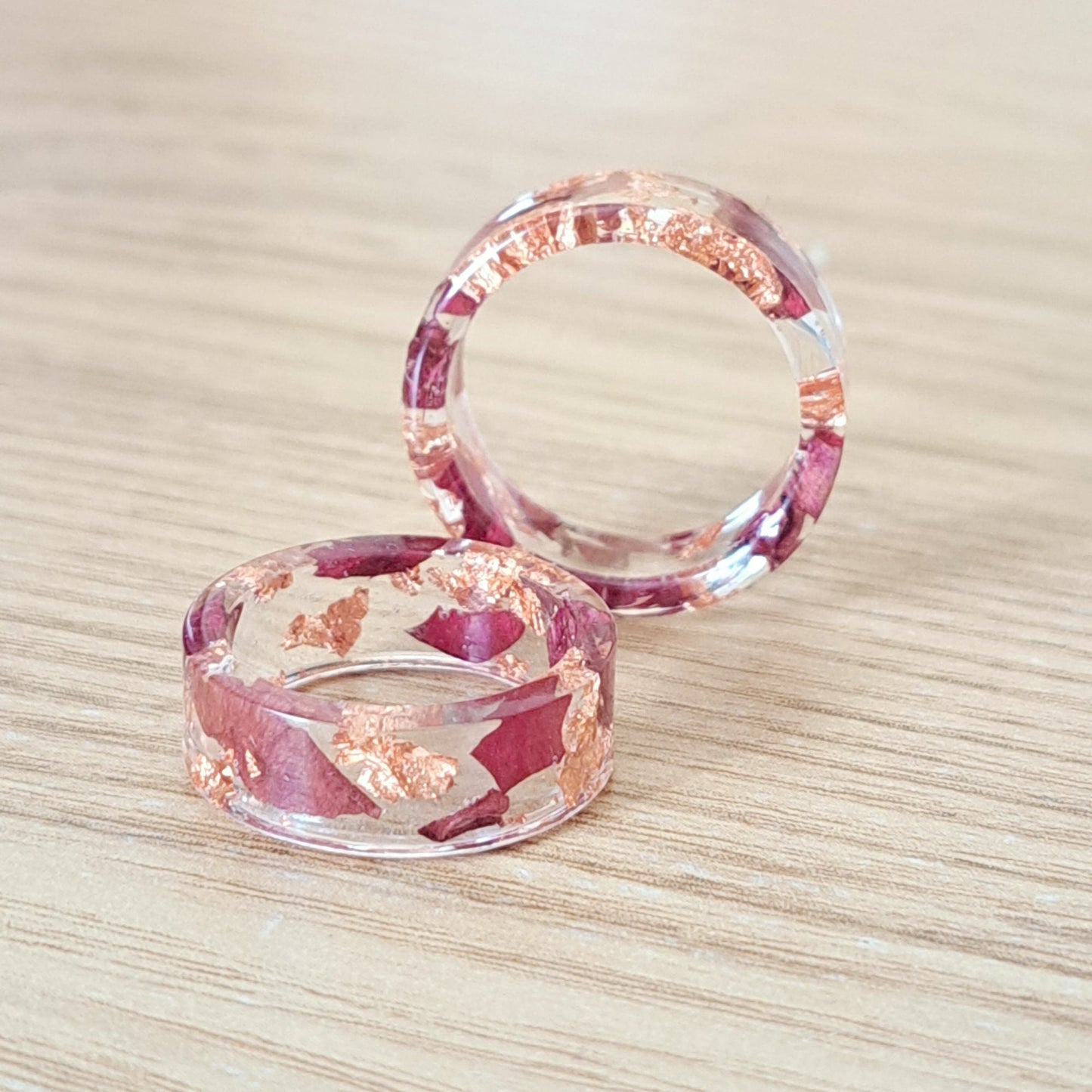 Slim Ring With Real Dried Rose Petals And Metallic Flakes