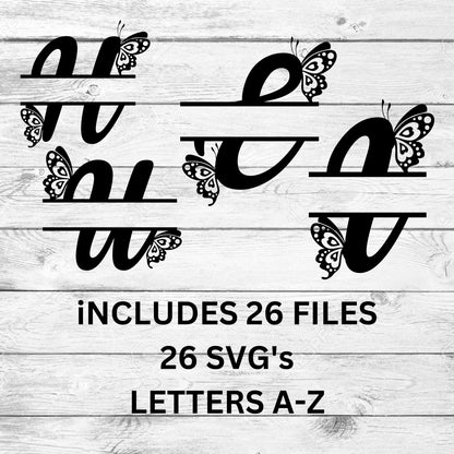 Butterfly Style Split Monogram Alphabet A-Z Bundle SVG