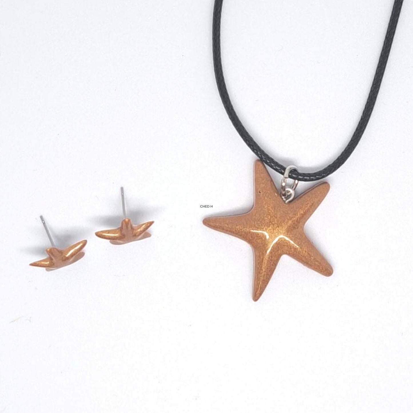 Faux Leather Corded Yellow Starfish Necklace & Stud Set