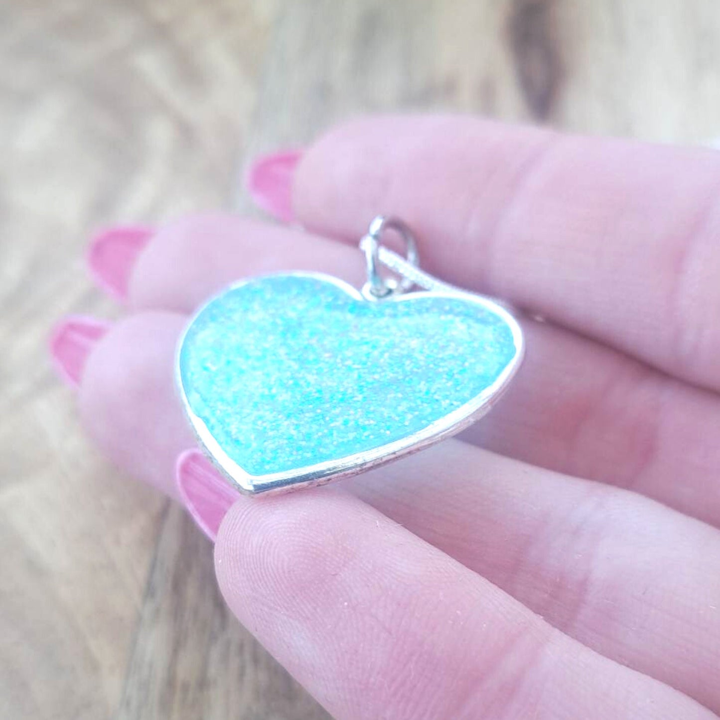 925 Silver Open Bezel Blue Glitter Filled Heart Necklace