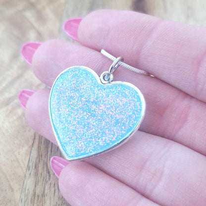 925 Silver Open Bezel Blue Glitter Filled Heart Necklace