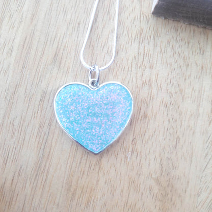 925 Silver Open Bezel Blue Glitter Filled Heart Necklace