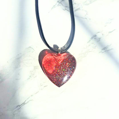 Faux Leather Corded Red Glitter Heart Shaped Necklace