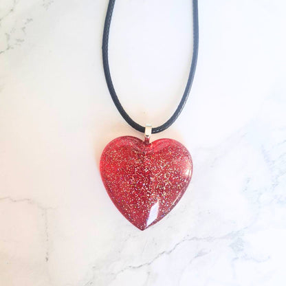 Faux Leather Corded Red Glitter Heart Shaped Necklace