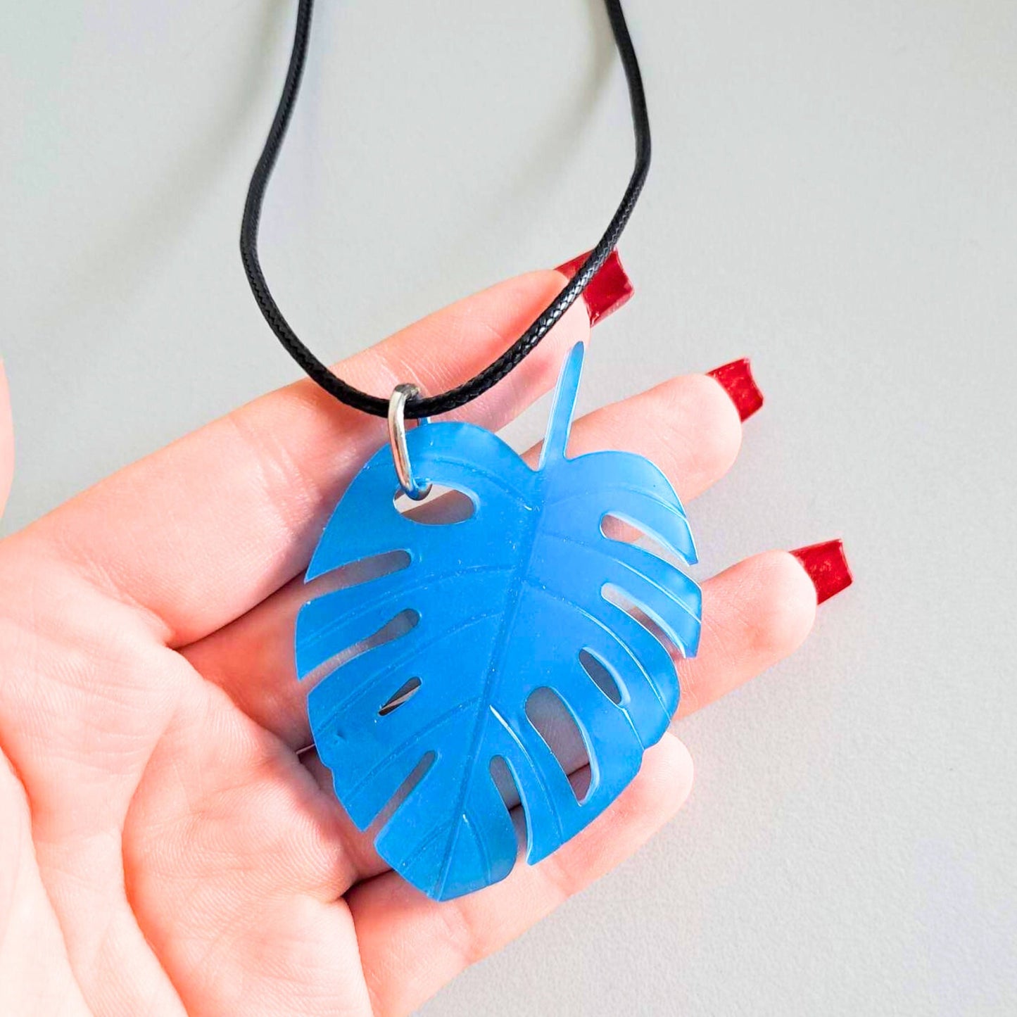 GLOW IN THE DARK Blue Monstera Leaf Necklace