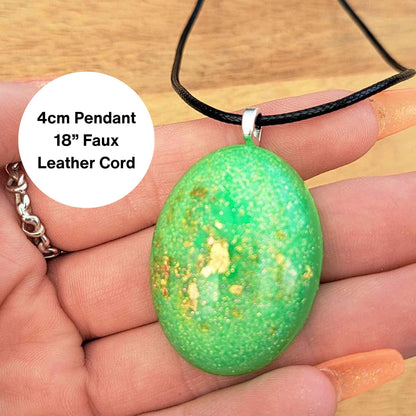 GLOW IN THE DARK Oval Green and Gold Metallic Flake Necklace