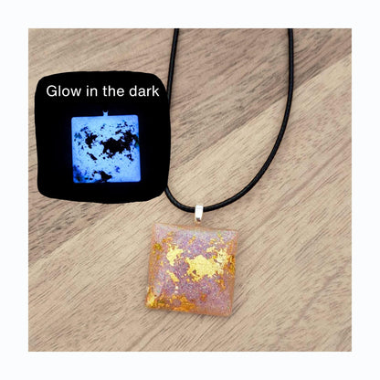 GLOW IN THE DARK Lilac and Gold Metallic Flake Blue Square Necklace