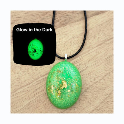 GLOW IN THE DARK Oval Green and Gold Metallic Flake Necklace