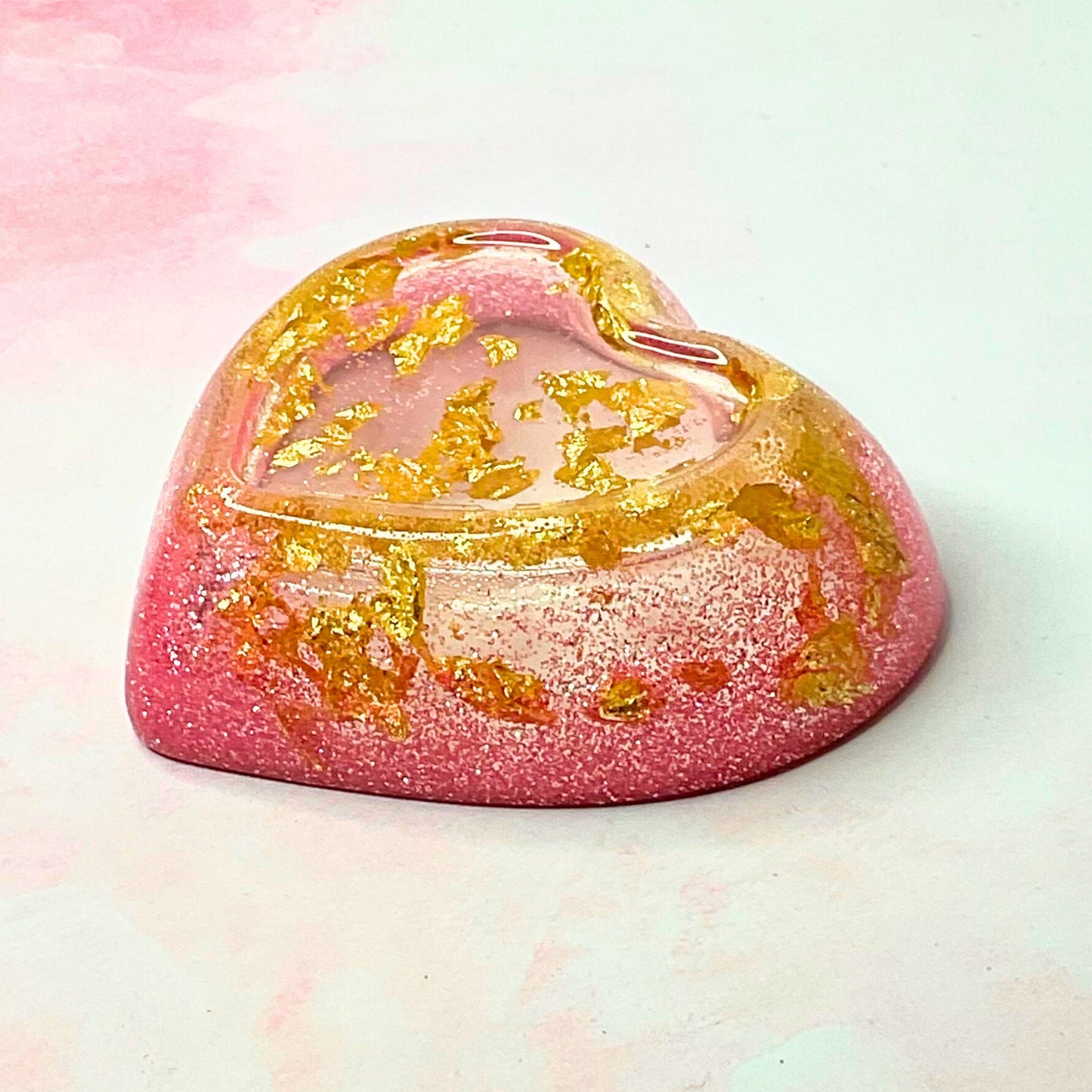 Pink Glitter & Gold Flake Heart Shaped Trinket Dish