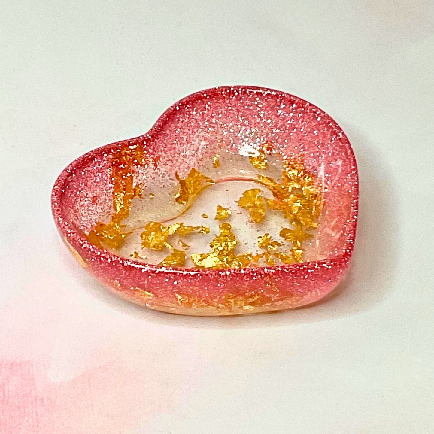 Pink Glitter & Gold Flake Heart Shaped Trinket Dish