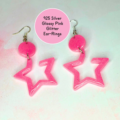 Pink Glitter Star Shaped Dangle Drop Earrings