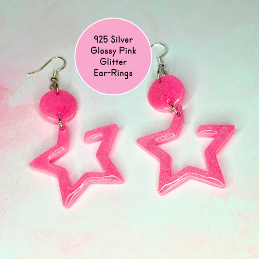 Pink Glitter Star Shaped Dangle Drop Earrings