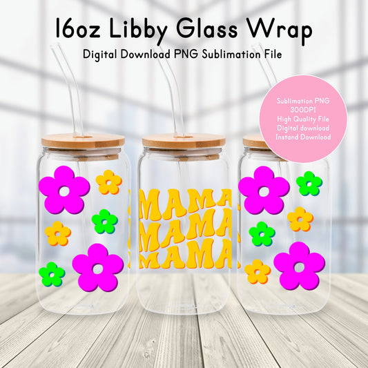 Retro Mama Floral 16oz Glass Can SVG PNG DXF