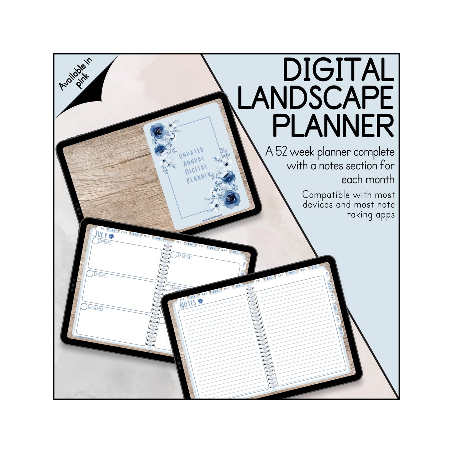 UNDATED Weekly Page Digital Annual Blue Landscape Planner