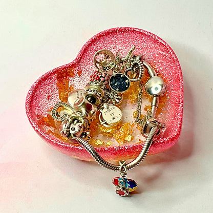 Pink Glitter & Gold Flake Heart Shaped Trinket Dish