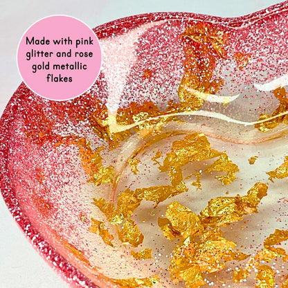 Pink Glitter & Gold Flake Heart Shaped Trinket Dish