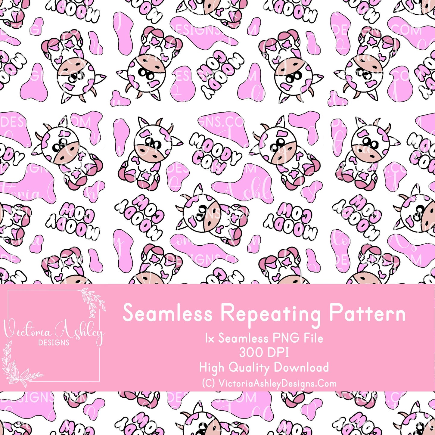 Seamless Repeating Pattern - Lilac & White Moody Cow (Hand Drawn)