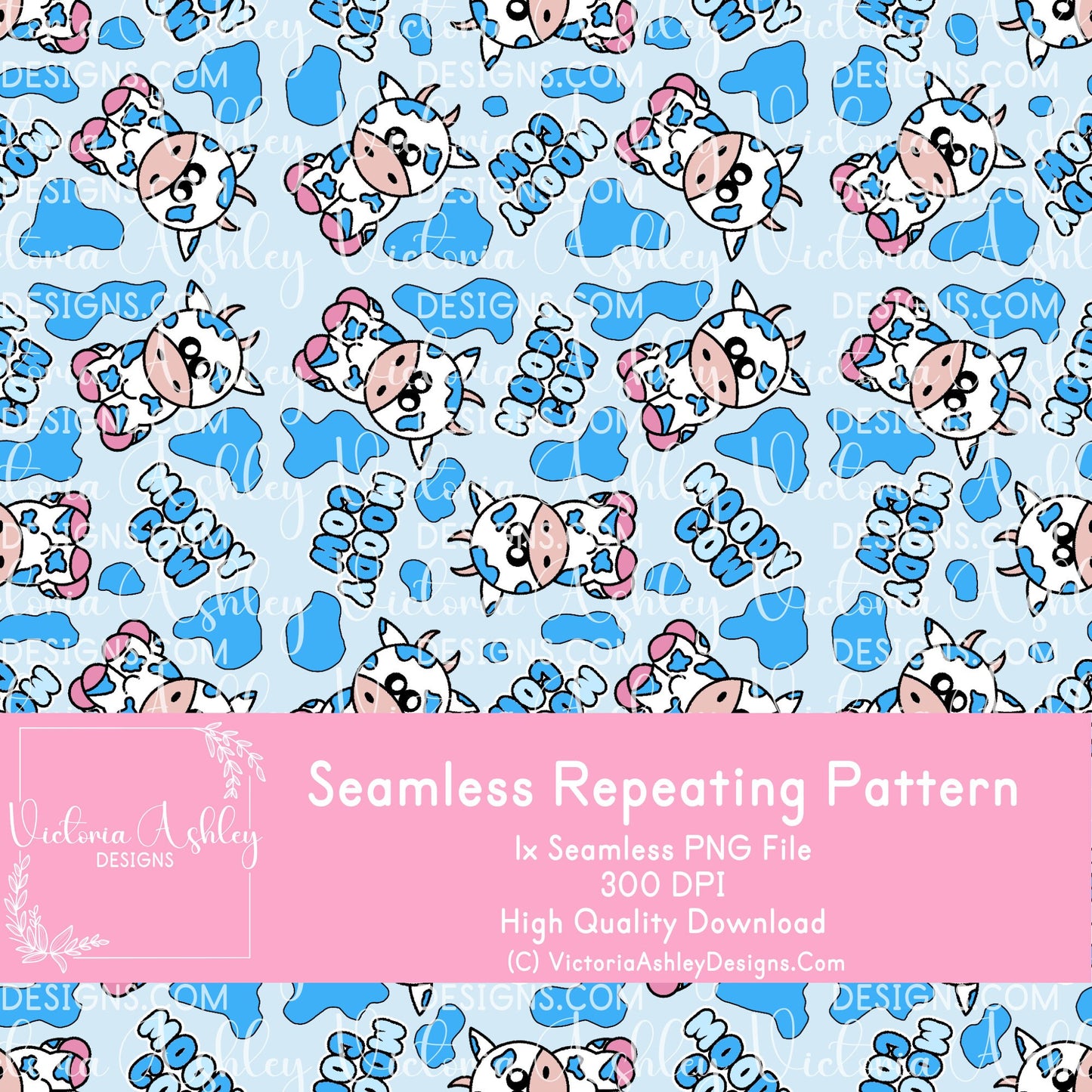 Seamless Repeating Pattern - Blue & White Moody Cow (Hand Drawn)