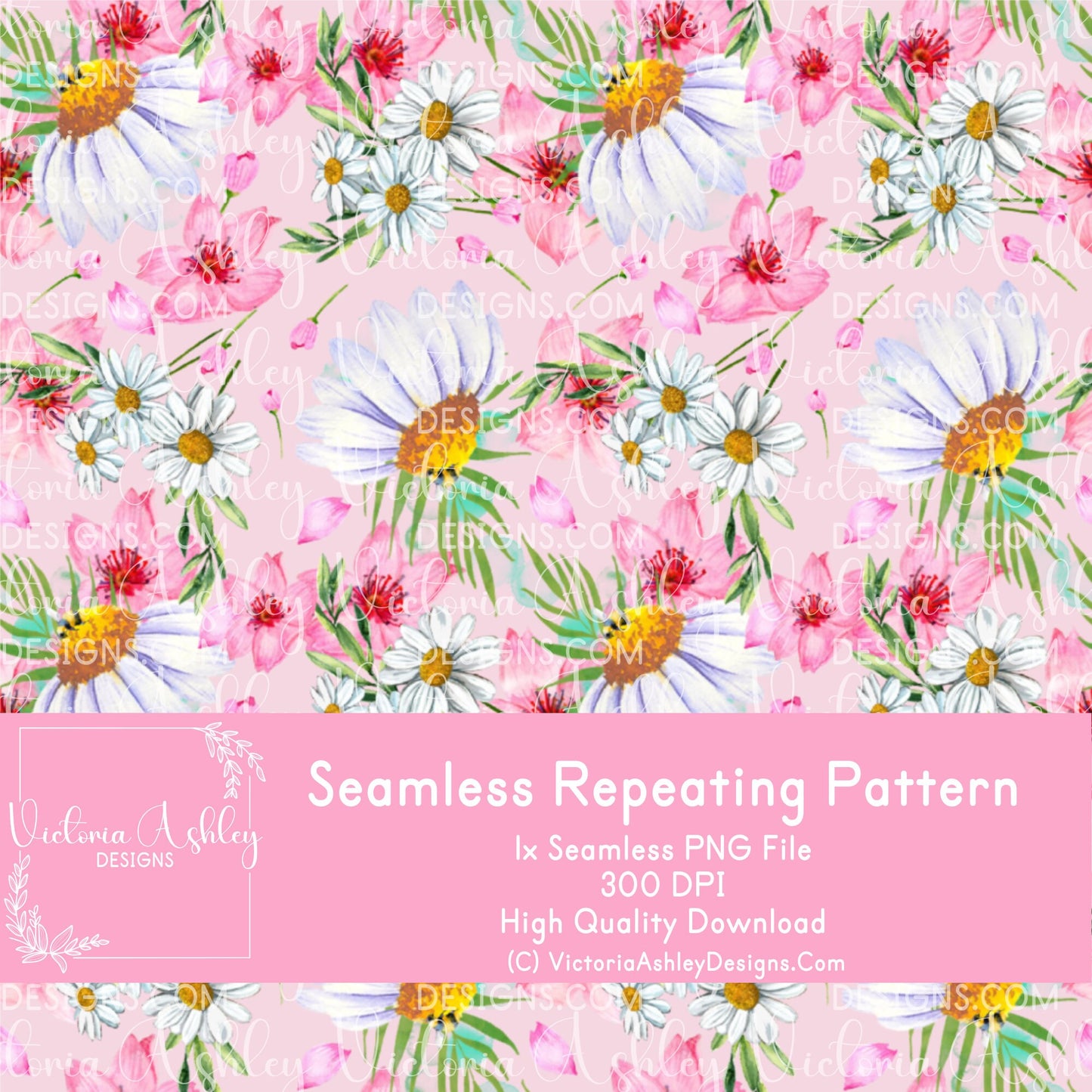 Seamless Repeating Pattern - Cherry Blossoms & Daisies