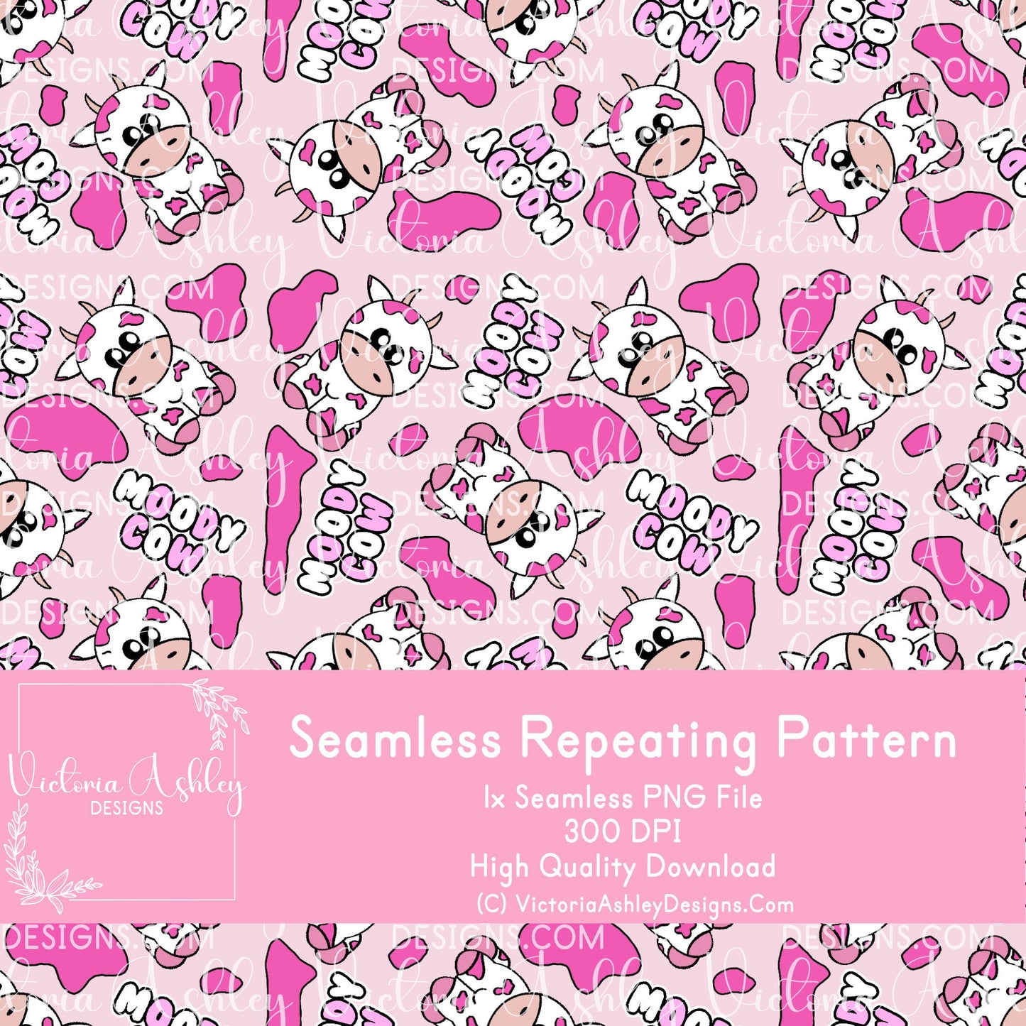 Seamless Repeating Pattern - Pink & White Moody Cow (Hand Drawn)