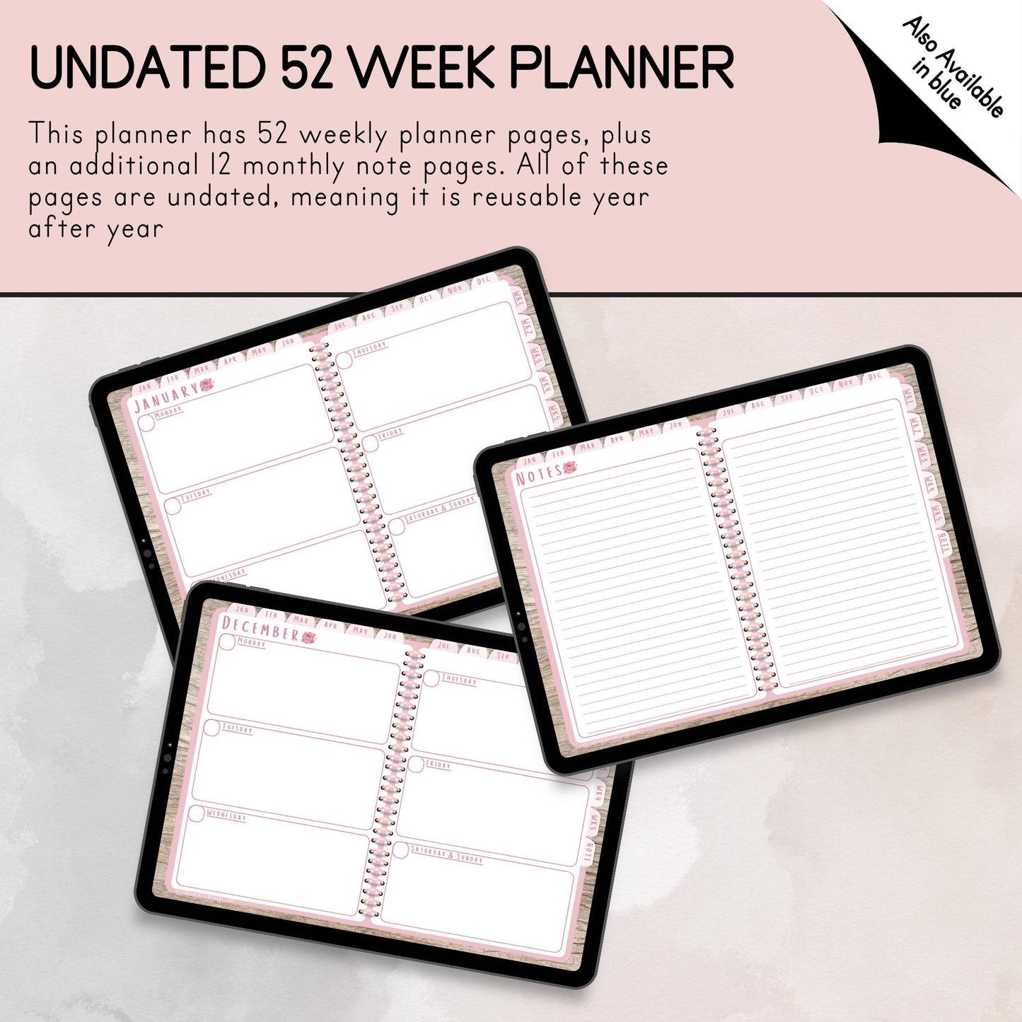 UNDATED Weekly Page Digital Annual Pink Landscape Planner