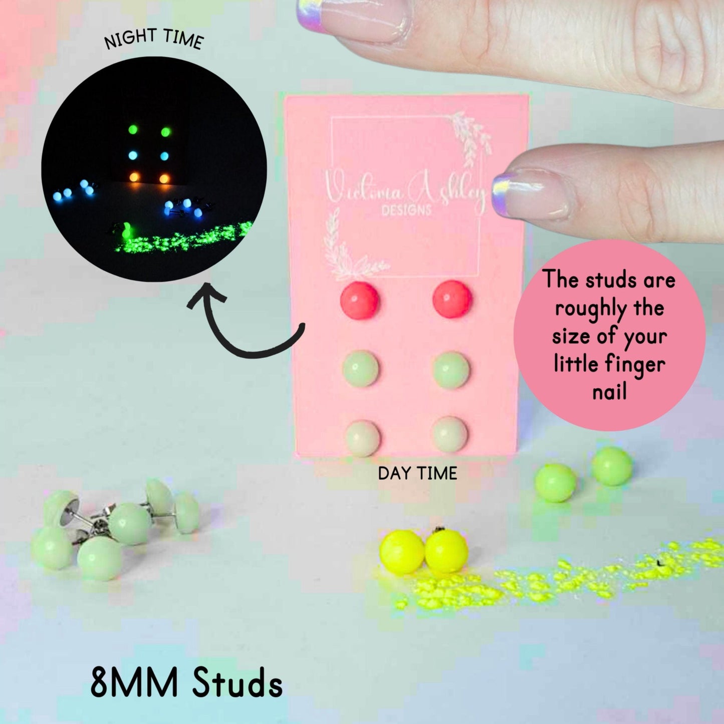 GLOW IN THE DARK Pack of 3 Studs 8MM