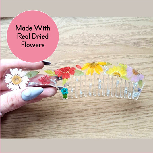 Floral Hair Comb With Metallic Flakes