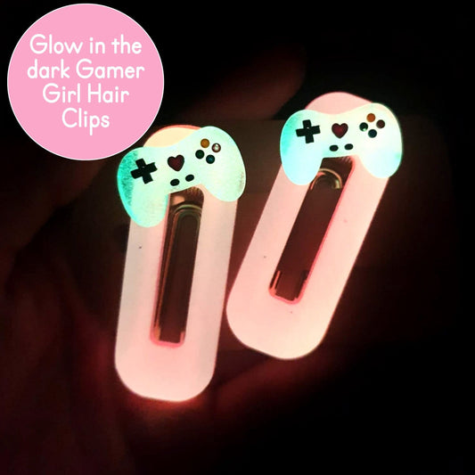 GLOW IN THE DARK Set of 2 Gamer Girl Hair Clips