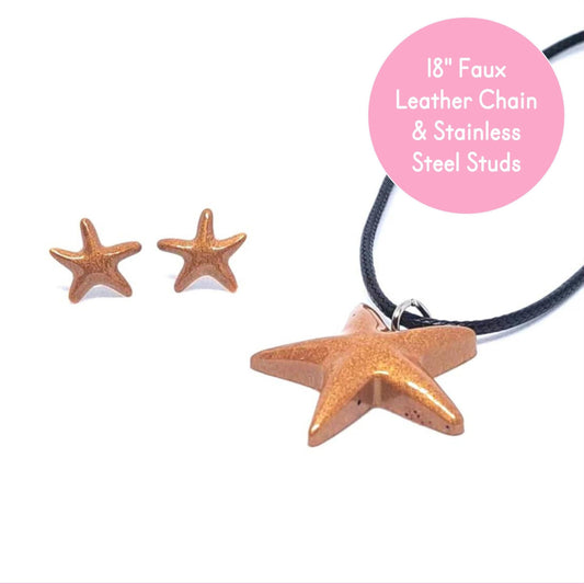 Faux Leather Corded Yellow Starfish Necklace & Stud Set