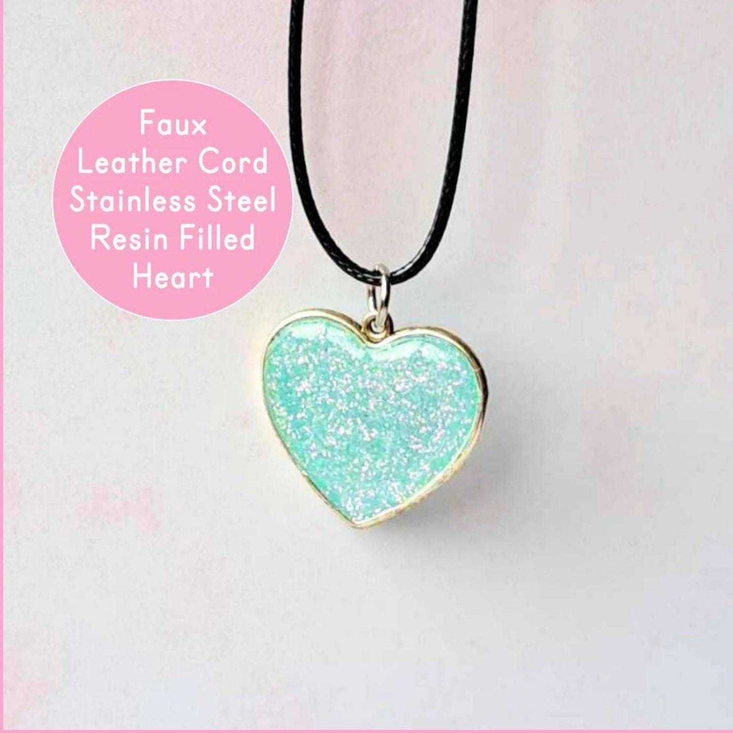 925 Silver Open Bezel Blue Glitter Filled Heart Necklace