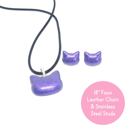 Faux Leather Corded Kitten Necklace & Stud Set