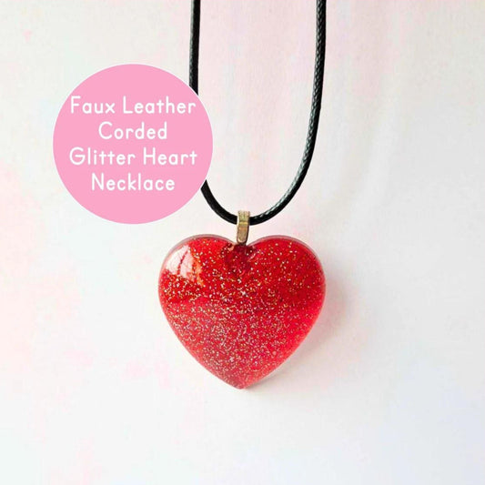 Faux Leather Corded Red Glitter Heart Shaped Necklace