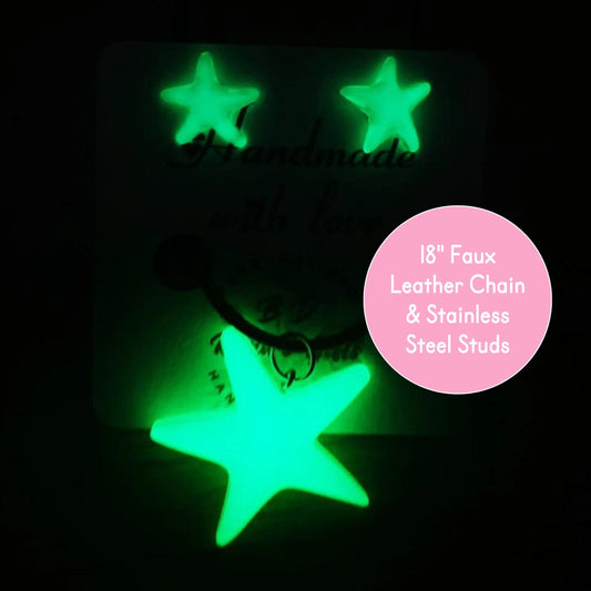 GLOW IN THE DARK Star Shaped Necklace & Stud Set