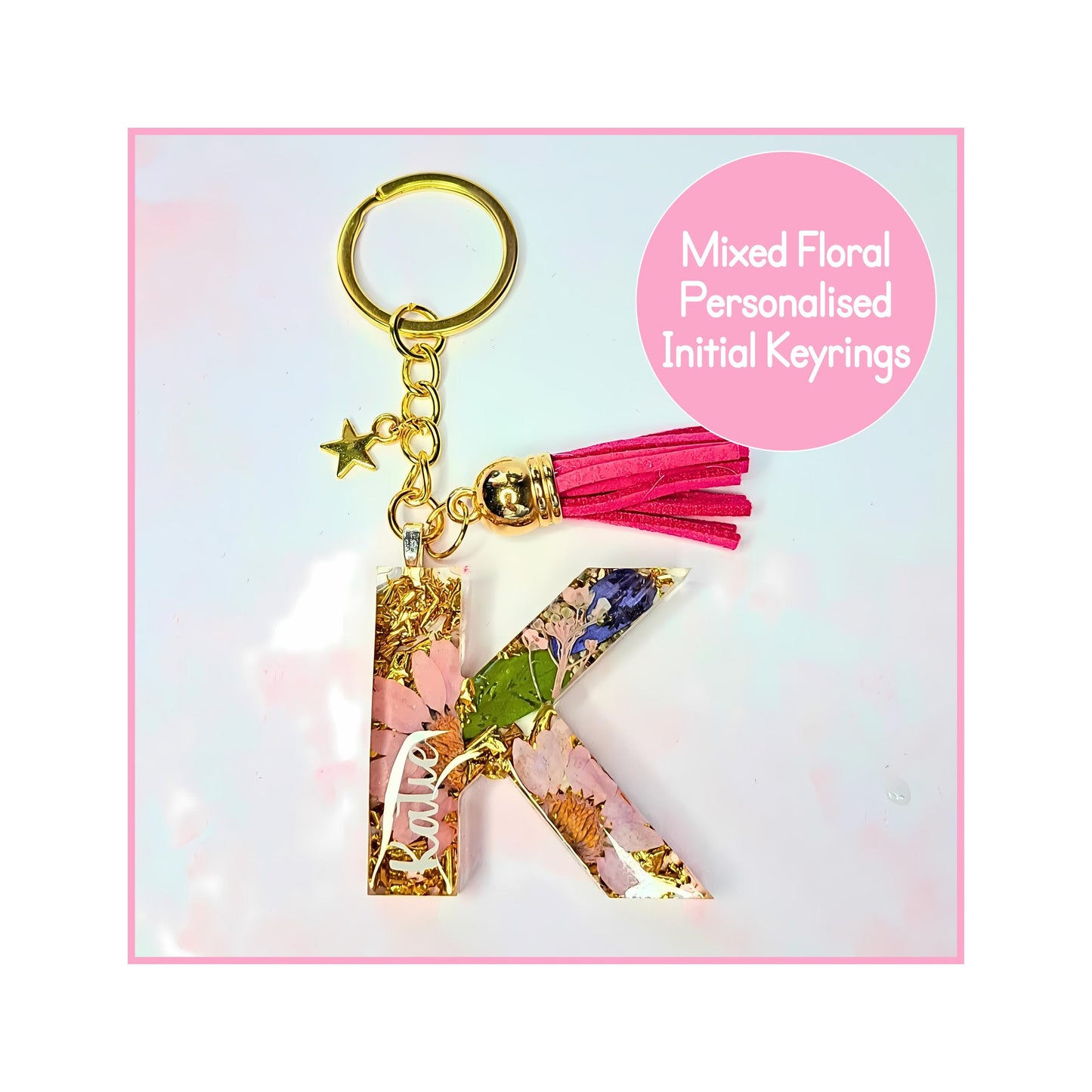 Acrylic Mixed Flower and Metallic Flake Initial Keyring