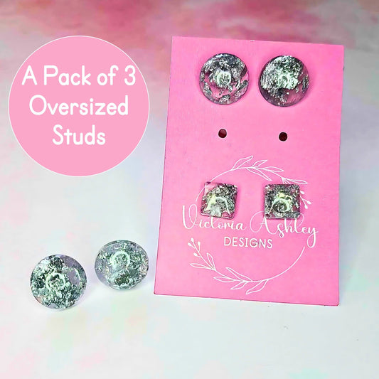 Set of 3 Metallic Silver Flake Oversized Studded Earrings