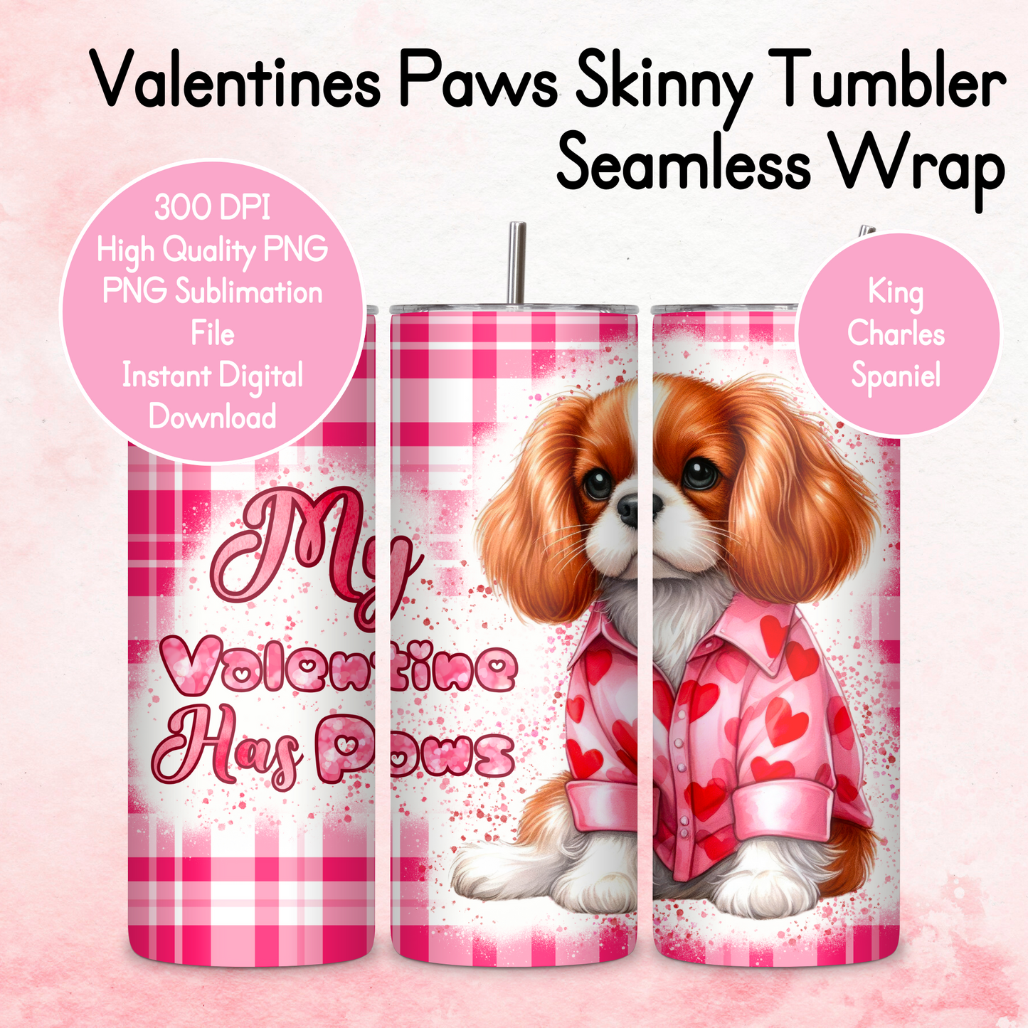 Pink Tartan Valentines Paws Tumbler Wrap - King Charles Spaniel