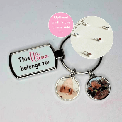 A personalised metal "this nana belongs to" key ring with up to 6 disk charms to add pictures