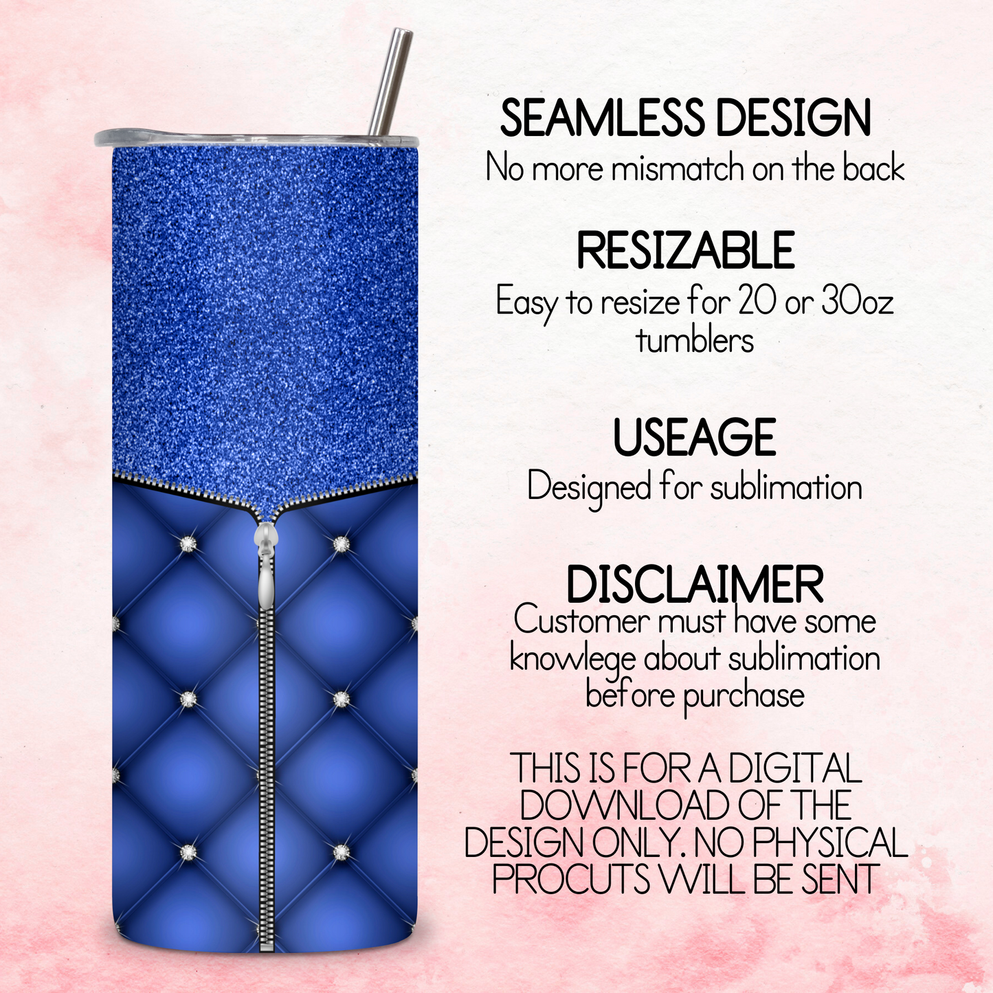 Zipped Quilted Diamante Quilted Skinny Tumbler Wrap - Royal Blue